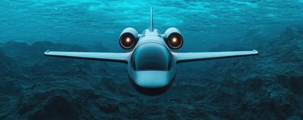 Fototapeta premium VTOL aircraft concept. A futuristic underwater vehicle emerges from the depths, showcasing a sleek design and illuminated features in an oceanic setting.