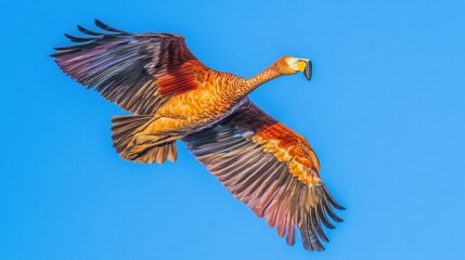 Obraz premium Majestic Eagle Soaring Against Clear Blue Sky Showcasing Vibrant Orange Feathers and Graceful Flight