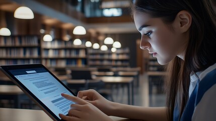 Young Woman Uses Tablet in Library Setting