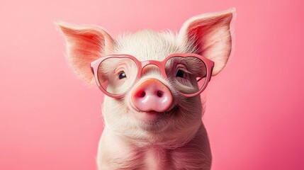 Playful pink pig wearing glasses whimsical farm setting cute animal portrait bright and cheerful close-up fun concept