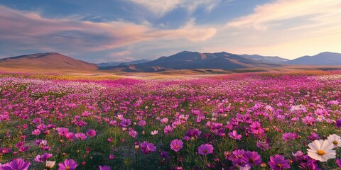 Obraz premium Vibrant pink and purple cosmos flower field under a blue sky with mountains in the background showcasing a breathtaking natural landscape.