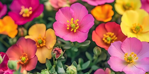 Vibrant floral background featuring pink, yellow, and orange flowers with green leaves positioned throughout, creating a lively and colorful scene.