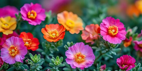 Fototapeta premium Vibrant multicolored flowers in shades of pink, orange, and yellow, densely layered in lush green foliage, creating a lively garden scene.