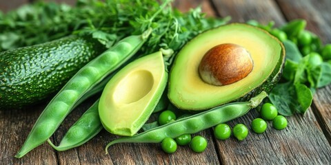 Fresh green vegetables including whole and sliced avocados, green peas, and pea pods arranged on a rustic wooden surface with vibrant greenery.