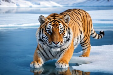 Obraz premium tiger walking on ice in a body of water with mountains in the background