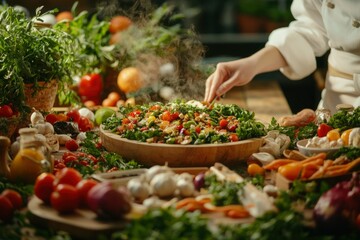 Obraz premium Chef plates a colorful, fresh salad on a wooden table with vibrant ingredients