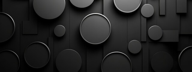 Abstract minimalist wallpaper with sleek circles and rectangles on black background. Banner template with white center text area. Ideal for modern designs.