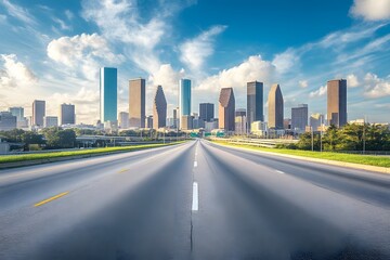 Fototapeta na wymiar Houston Skyline Road Trip, Empty Highway Leading to City