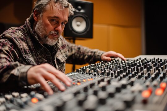 Sound engineer in the recording studio mixes the sound tracks, ensuring balance between the elements