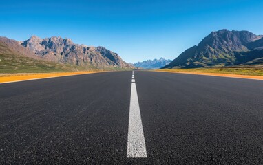 Naklejka premium Asphalt Racing Track in Daylight: A wide-angle shot of a racing track, with crisp white and orange lines drawn on the dark asphalt. 
