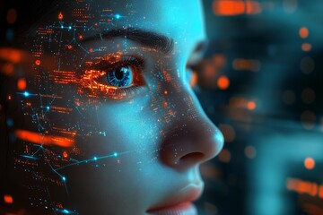 Woman, data, futuristic, server room, digital overlay, tech concept