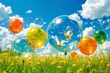 Bubbles, Balloons and Birds in a Meadow