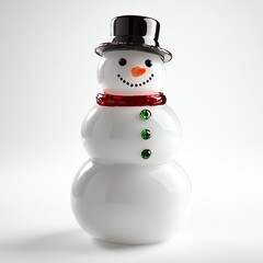 Fototapeta premium A charming snowman figurine crafted from glossy material. It features a black hat, colorful buttons, and a joyful smile, perfect for winter decor.