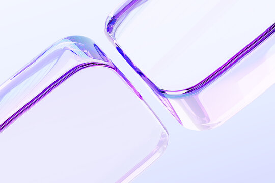 Fototapeta Glass holographic transparent cubes 3d background. Abstract geometric clear block shapes with rainbow light flare effect. Render tech banner with iridescent gradient crystal squares. 3D illustration