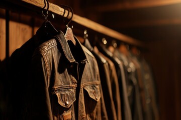 Leather jackets on a rack for sale. Wooden background. Fashion/Lifestyle