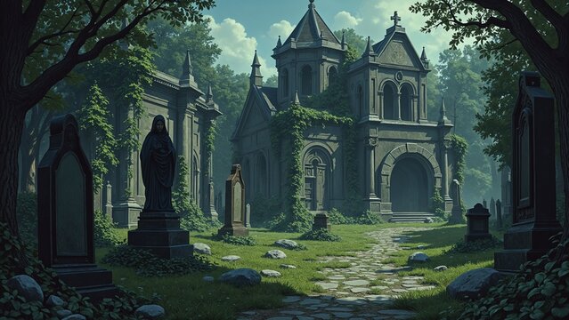 Illustration of an ancient abandoned medieval cemetery