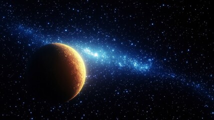 Naklejka premium Astronomy planets theories concept. A vibrant planet floats against a backdrop of shimmering stars and a spiral galaxy, showcasing the beauty of deep space.