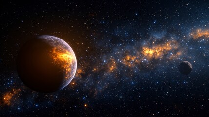 Obraz premium Astronomy planets theories concept. A stunning cosmic scene featuring a glowing planet amidst a starry galaxy, highlighting the beauty of the universe.