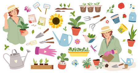 Joyful woman replants for potted plants. Garden tools. Colored concept for home gardening and houseplant care Spring plants, seeds, shovel, rake, watering can. Flat vector illustration isolated