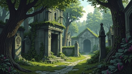 Obraz premium Illustration of an ancient abandoned medieval cemetery