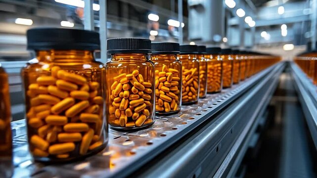 Pharmaceutical Production: Capsules travel through a modern automated production line within a pharmaceutical facility. A close-up view highlights the precision of the manufacturing process.