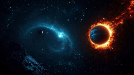 Obraz premium Astronomy planets theories concept. A stunning cosmic scene featuring a blue nebula and a fiery orange planet, set against a dark starry backdrop.