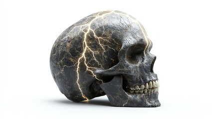 Obraz premium A detailed, artistic skull with lightning patterns, showcasing a blend of elegance and intensity against a white isolate background.