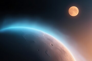 Fototapeta premium breathtaking view of Pluto from space, with its thin atmosphere glowing under distant sunlight