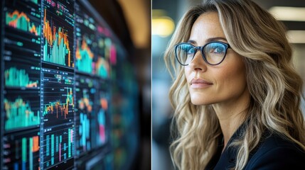 Woman analyzing financial data, office background