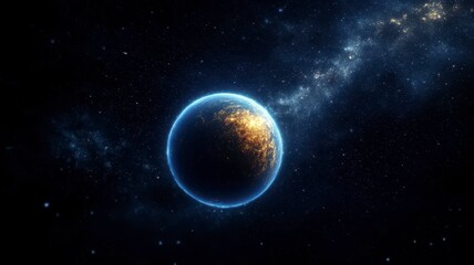 Astronomy planets theories concept. A glowing blue planet floats against a backdrop of stars and cosmic elements, evoking a sense of wonder and mystery in the universe.