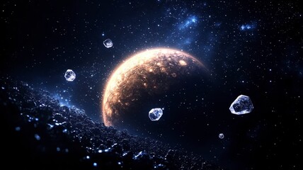 Astronomy planets theories concept. A stunning cosmic scene featuring a planet surrounded by sparkling asteroids and a deep starry background, creating a mesmerizing celestial atmosphere.