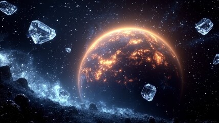 Obraz premium Astronomy planets theories concept. A stunning cosmic scene featuring a glowing planet surrounded by ice fragments in a starry space environment.