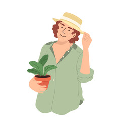 Beautiful young woman with indoor potted plants Colorful concept of home gardening, houseplant care Flat vector illustration highlights trend of nurturing greenery indoors isolated on white background