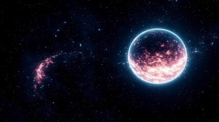 Astronomy planets theories concept. A vibrant cosmic scene featuring a glowing planet amidst a backdrop of deep space, stars, and nebulae.