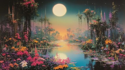 Vibrant Night Landscape with Moonlight Reflecting on a Serene Lake Surrounded by Colorful Flowers