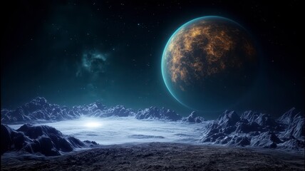 Fototapeta premium Astronomy planets theories concept. A distant planet looms over a rugged, alien landscape illuminated by a faint glow, creating a mysterious cosmic atmosphere.