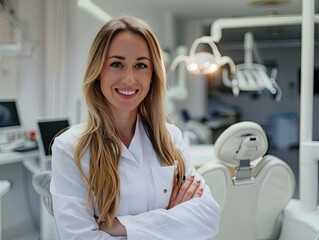 Happy young female dentist in dentist's office.