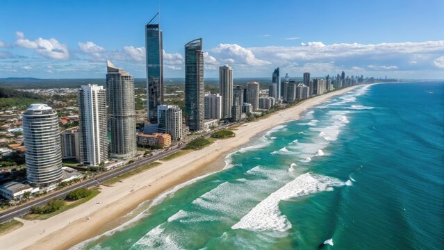 Aerial View of Broadbeach Skyline, Queensland Gold Coast - Stunning Fashion Photography, Modern Architecture, Coastal Lifestyle, Beachfront Luxury, Vibrant Cityscape