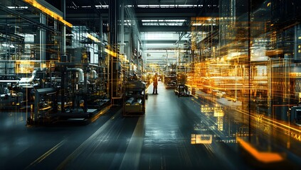 Fototapeta premium Industrial factory interior with digital overlay