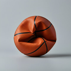 Deflated orange basketball resting on gray studio floor, representing defeat, disappointment, abandoned hopes after losing competitive sports challenge
