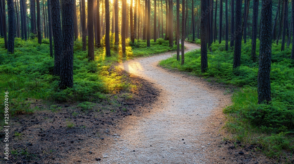 Poster a tranquil forest path winding through trees, illuminated by sunlight filtering through the foliage,