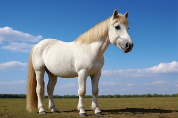there is a white horse standing in a field with a blue sky