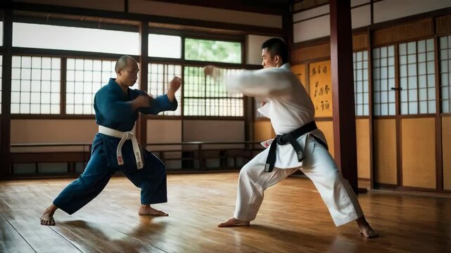 A masterful Sensei in a martial art dojo, surrounded by his students