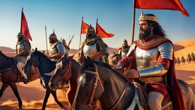 The legendary hero Saladin ibn Ayyub - Salah ad-Din Yusuf ibn Ayyub - leading his elite army through the desert, with grace and determination