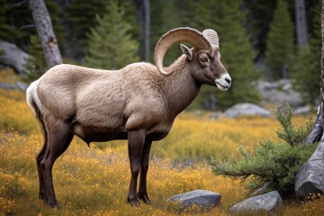 Obraz premium there is a ram standing in a field of yellow flowers