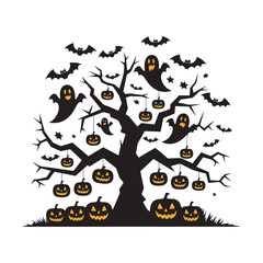 Halloween spooky Tree Vector, Haunted Tree Vector Art illustration, Scary Tree with pumpkin vector design element