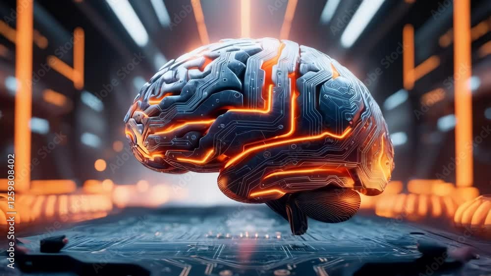 Poster a highly detailed, futuristic brain with intricate circuit patterns and glowing orange lights above 