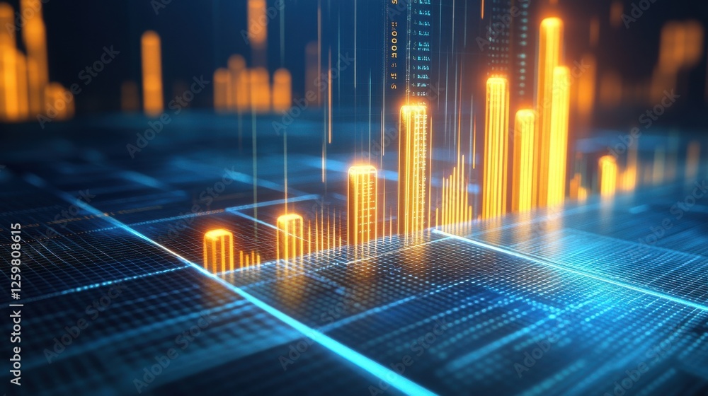 Aufkleber a vibrant visualization of data with glowing orange bars rising against a dark digital background, s