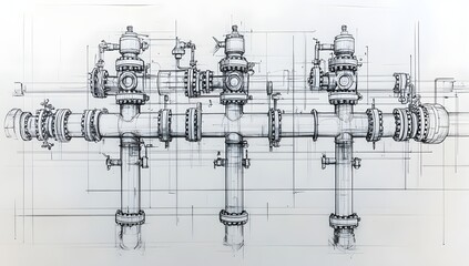 Industrial pipeline schematic, technical drawing, complex machinery, grid background