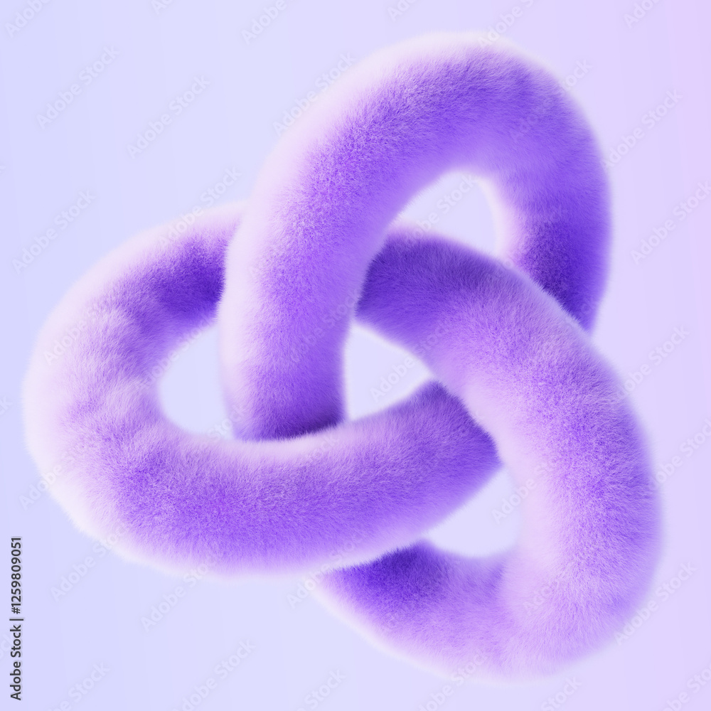 Poster purple fur fluffy abstract geometric shape with hairy texture 3d render. furry wool creative form, c